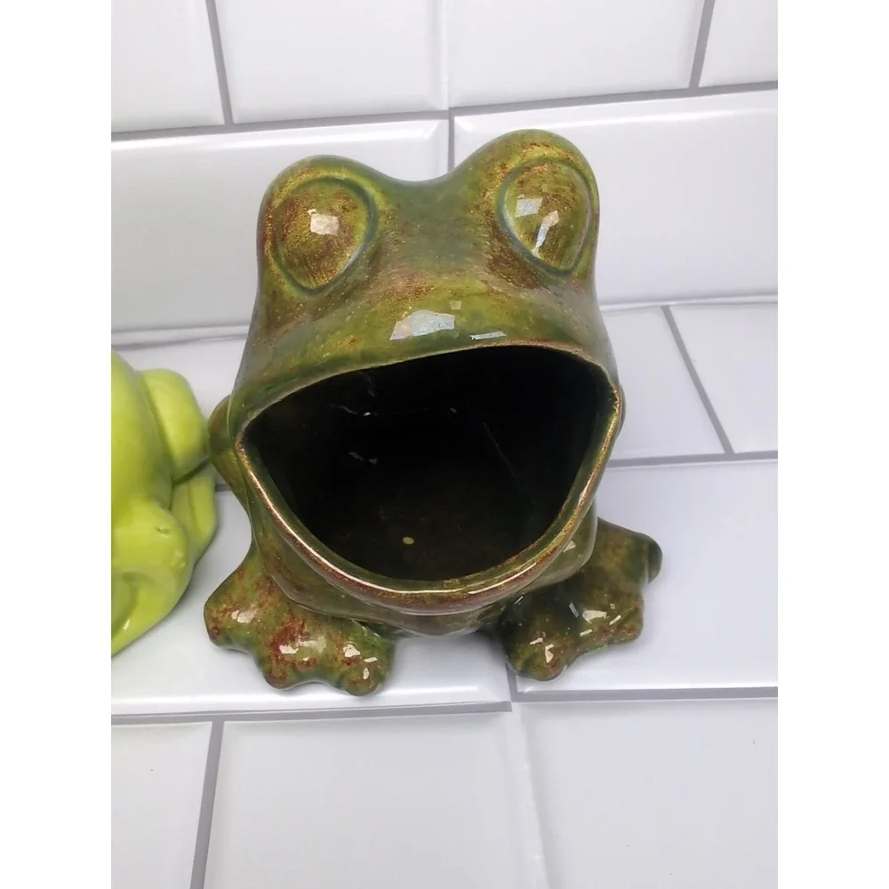 2 Vintage Frogs Ceramic Open Mouth Succulent Planters Pots Or Sponge Holders Set